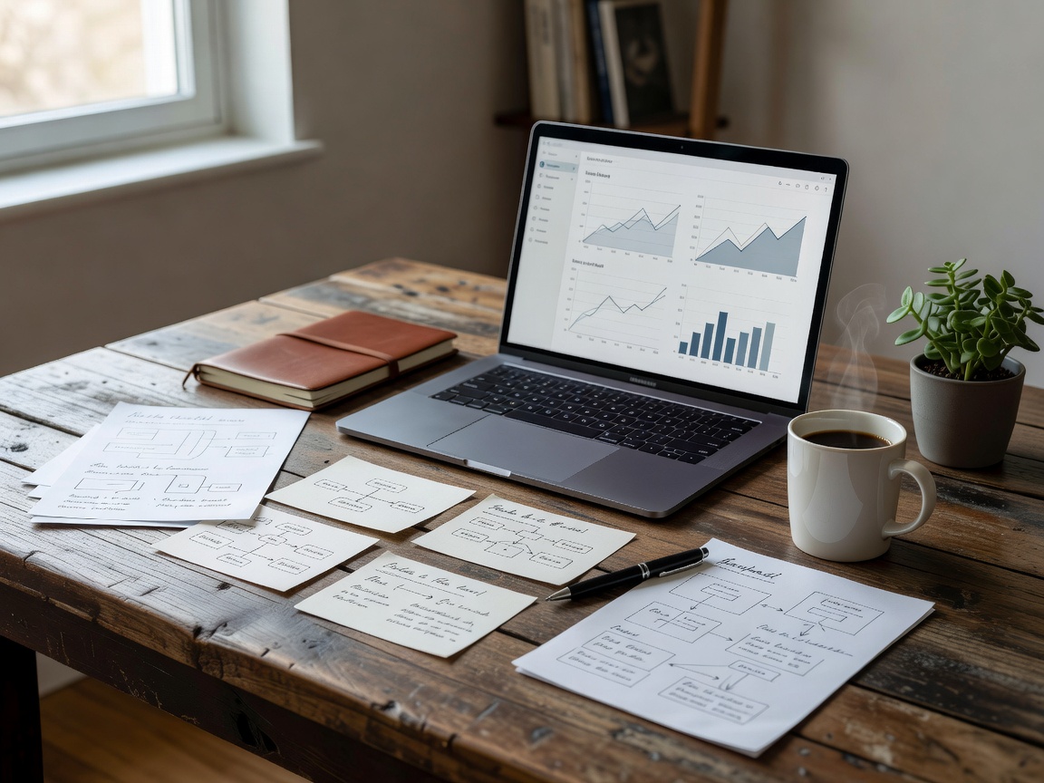 Editorial workspace with laptop and notes
