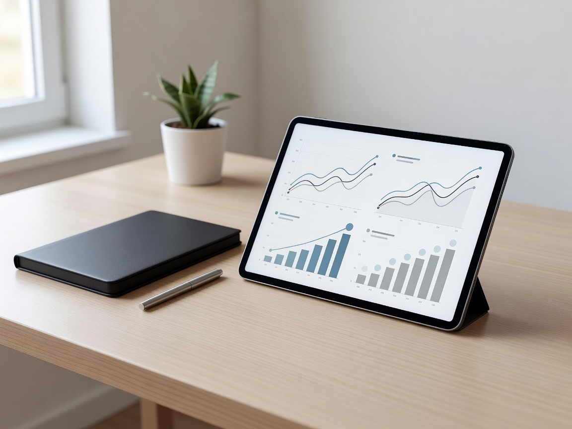 Minimalist desk and tablet with analytics